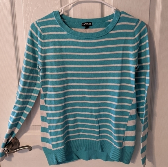 Express Long Sleeve Blue and White Striped Cotton Blend Sweater Top Size Small - Picture 1 of 5